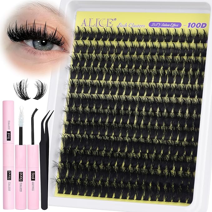 ALICE Wispy Lash Clusters Kit 100D Thick Volume Eyelash Clusters Kit Manga Eyelash Extension Kit Russian D-Curly Individual Lashes Kit with Lash Glue, 228pcs Spiky Lash Extensions, Tweezers