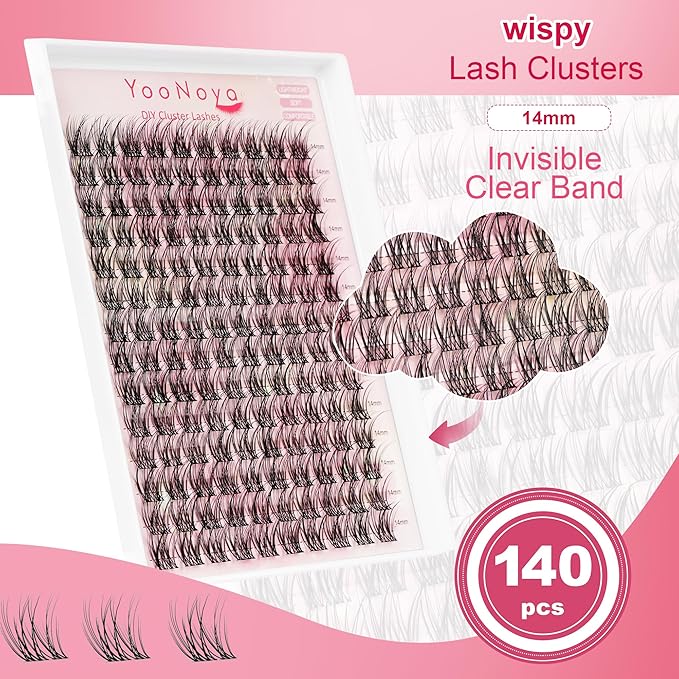 Wispy Lash Clusters 140 Pcs 14mm Mix Eyelash Clusters C Curl Cluster Eyelash Extensions Natural Wispy Cluster Lashes Reusable Individual Invisible Band Lash clusters (QX-14mm)