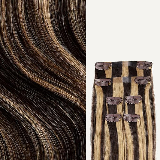 Luxy 100% Remy Human Hair Extensions for Thin Hair Thinning Hair Fill-Ins – 6 Seamless Wefts Multi-Dimensional Color Blend - Natural-Looking Volume & Coverage 95 grams 20" Mocha Brown Highlights