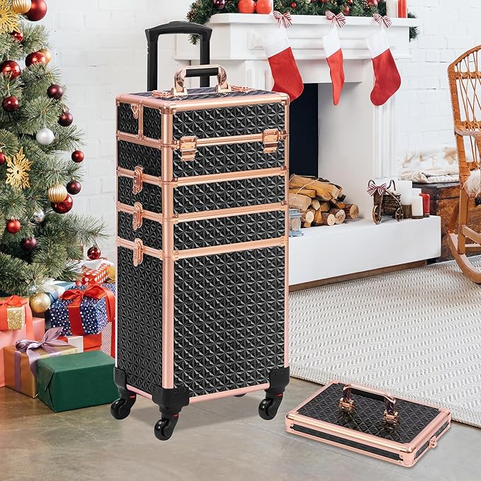 Rolling Makeup Case, Makeup Train Case with Lid, 5 in 1 Cosmetology Case on Wheels, Christmas Gift, Large Makeup Organizers, Profesional Cosmetic Case for Salon Barber, Black gold