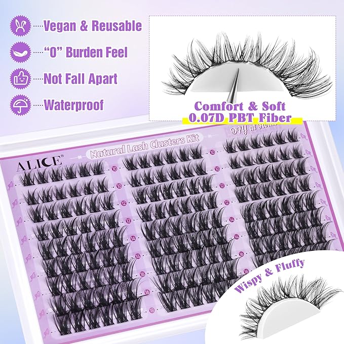 ALICE Wispy Lash Clusters Kit Natural Fluffy Lash Extension Kit Cluster Eyelash Extension Kit 162pcs C Curl 10-18mm Eyelash Clusters with Lash Glue Bond and Seal Lash Tweezers