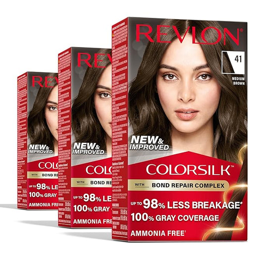 Revlon ColorSilk with Bond Repair Complex, Brown Permanent Hair Color, 100% Gray Coverage, Ammonia Free Hair Dye, Vegan Keratin, 41 Medium Brown (Pack of 3)