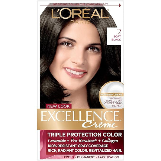 L'Oreal Paris Excellence Creme Permanent Hair Color, 2.0 Soft Black, 100 percent Gray Coverage Hair Dye, Pack of 1, Pack of 1