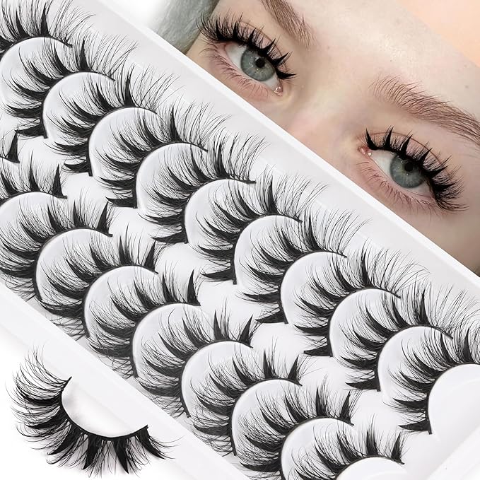Veleasha Manga Lashes Wispy Eyelashes 7-15MM C Curl Cat Eye Lashes with Soft Black Cotton Band Anime Spiky Eyelashes Crisscross False Eyelash 10 Pairs Pack (Spiky04)