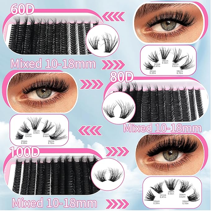 Volume Lashes Cluster Kit 60D+80D+100D Clusters Lash Eyelashes Kit 696Pcs Bulk Packs, D Curl Wispy 10-18mm DIY Individual Eyelash Extensions Wholesale Combo Pack with Glue|Tweezers|Removers