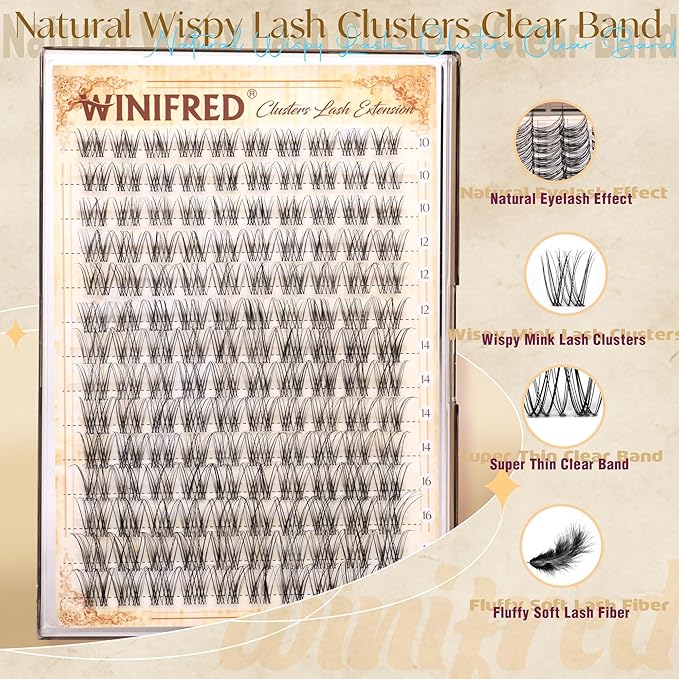 Winifred Lashes Clusters Natural Eyelash Clusters Clear Band Wispy Lash Clusters C Curvature Cluster Eyelash Extensions 10-16mm DIY Individual Lashes Natural Look