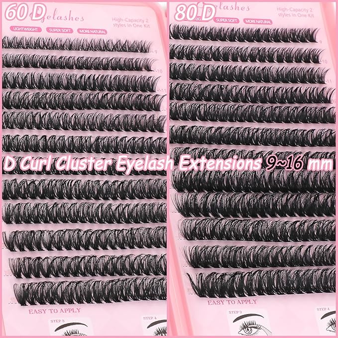 Lash Clusters Kit, Eyelash Clusters Individual Lash Extension Kit 480 Pcs D Curl Fluffy Wispy False Eyelashes Extensions Thin Band with Bond Seal Tweezers Brush Removers (60D+80D KIT9-16mm)