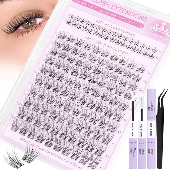 Natural Lash Clusters Kit Wispy Eyelash Clusters Kit with Bottom Eyelashes C Curly Lash Extension Kit with Invisible Band DIY Individual Lashes Kit with Lash Bond and Seal 132Pcs
