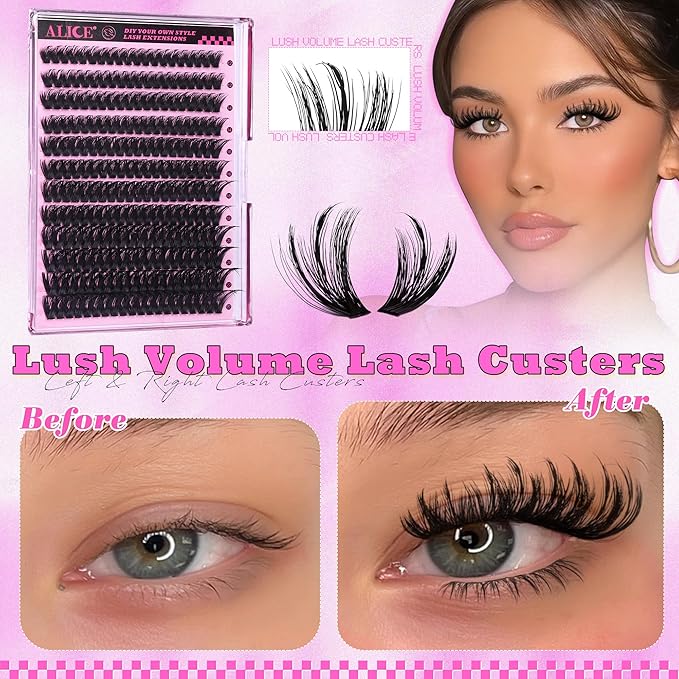 ALICE Lash Clusters with Spikes Thick Volume Cluster Eyelash Extensions Fluffier Eyelash Clusters Wispy Individual LashesThin Band Lash Extensions DIY at Home (240pcs/12-22mm/CC- Curly/100D)