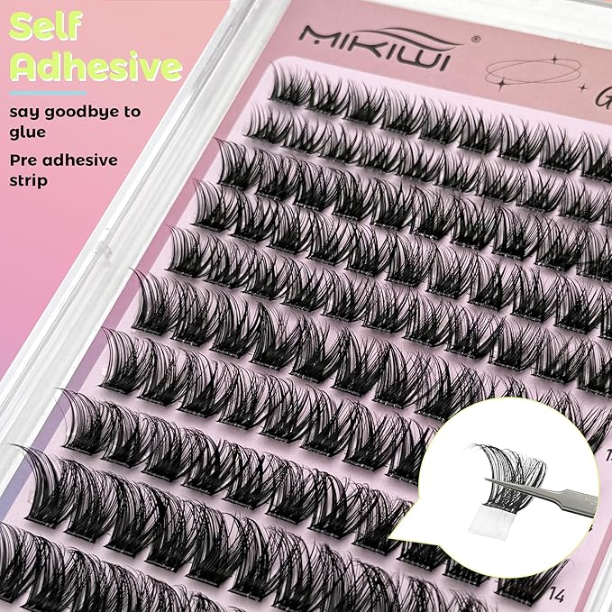 MIKIWI Self Adhesive Lash Clusters, No Glue Needed Wispy D-Curl Lash Clusters 10-16mm Pre Glued Eyelashes Clusters No Residue Self Adhesive Eyelashes