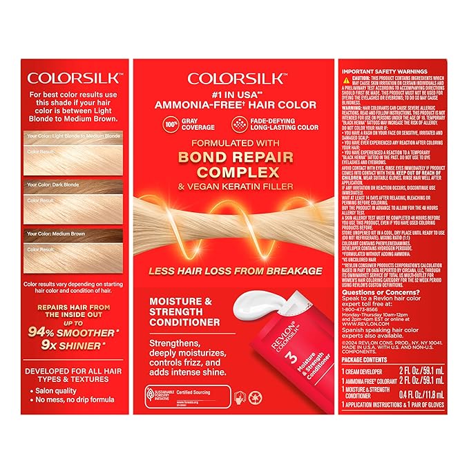Revlon ColorSilk with Bond Repair Complex, Blonde Permanent Hair Color, 100% Gray Coverage, Ammonia Free Hair Dye, Vegan Keratin, 05 Ultra Light Ash Blonde (Pack of 3)