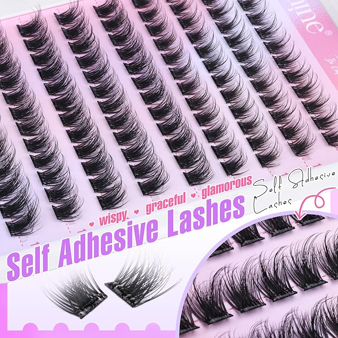 Zegaine Self Adhesive Eyelashes Natural Self Adhesive Lash Clusters Wispy Pre Glued Eyelash Clusters Clear Band C-Curly Pestañas Postizas Naturales Wispy Glueless Lashes No Glue Needed 10-14MM