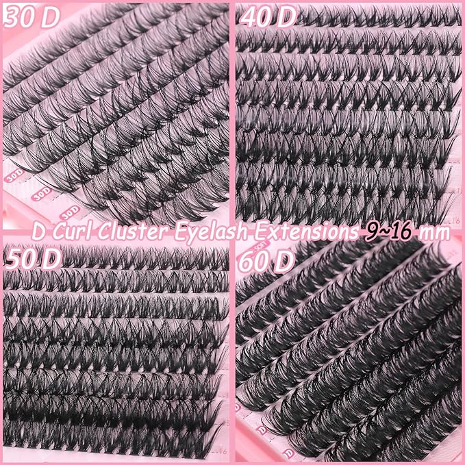 Lash Clusters Kit, 640 Pcs Eyelashes Clusters Extensions Kit 9-16mm Individual Lashes D Curl Fluffy Wispy False Eyelashes Thin Band(30D&40D&50D&60D)