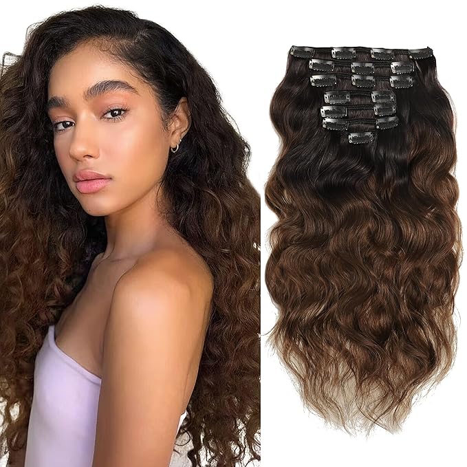 Caliee 16Inch Ombre Wavy Curly Clip in Hair Extensions Natural Black Fading into Dark Brown Clip In Human Hair for Women Natural Wave Curly Real Remy Hair Clip In Extensions 120Gram NW#T1B/4