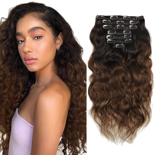 Caliee 16Inch Ombre Wavy Curly Clip in Hair Extensions Natural Black Fading into Dark Brown Clip In Human Hair for Women Natural Wave Curly Real Remy Hair Clip In Extensions 120Gram NW#T1B/4