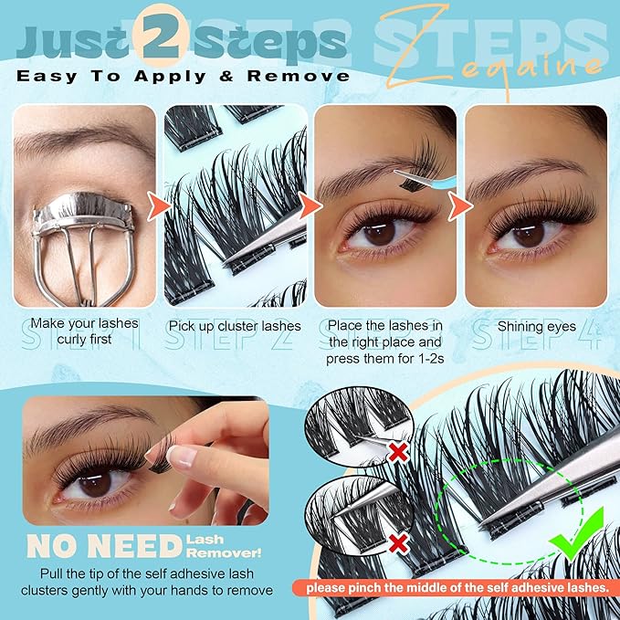 Wispy Self Adhesive Eyelashes Natural Self Adhesive Lash Clusters With Spikes D-Curly Pre Glued Lashes Reusable Glueless Lashes Salon-Level Cluster Eyelash Extensions 10-18MM by Zegaine