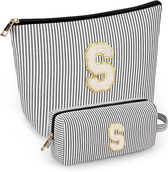 2 PCS Initial Makeup Bags for Women: Cosmetic Bag for Travel Toiletry - Birthday Gifts for 11 12 13 14 15 16 17 18 Years Old Girl Graduation Teacher Gift- Teen Girl Gifts Trendy Stuff - Black S