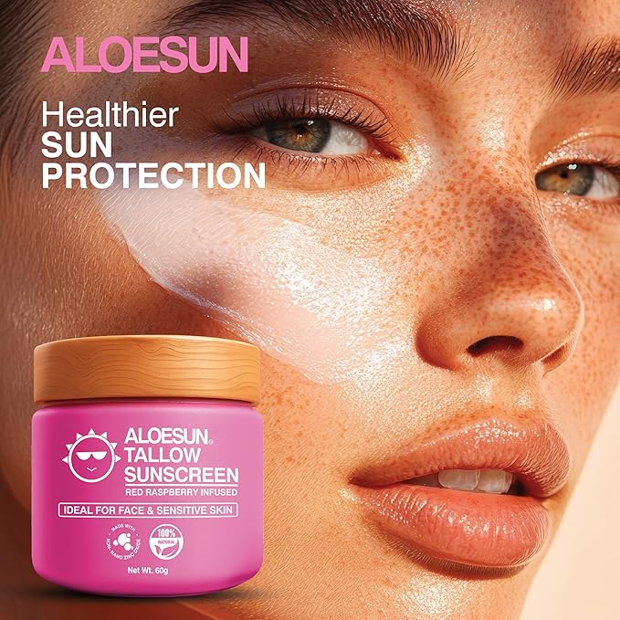 ALOESUN Organic Beef Tallow Sunscreen - Natural Sunblock Lotion for Face and Body with Non Nano Zinc Oxide Mineral Protection - Reef Safe Travel Size Tallow Moisturizer for Adult and Baby - 2.12 Oz