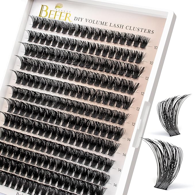 BEFER Lash Clusters, 216 Pcs D Curl Eyelash Clusters 3D Fluffy Volume Individual Lashes Extensions 10-16MM Cluster Eyelash Wispy Cluster Lashes DIY At Home(80P)