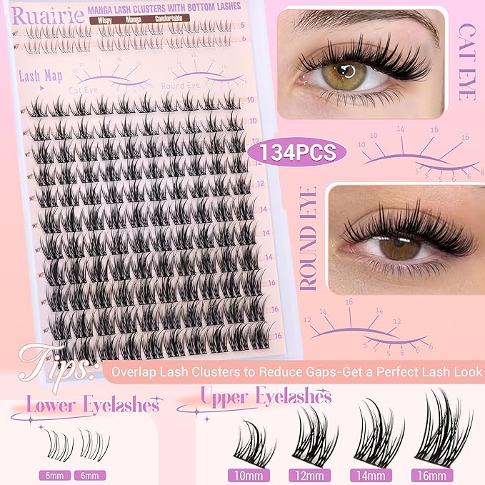 Manga Lash Clusters Natural Eyelash Clusters Wispy Lashes Clusters Anime 10-16mm Cluster Eyelash Extensions Fairy Individual Lashes with Bottom Lashes C Curly DIY Cluster Lash Extensions by Ruairie