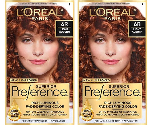 L'Oreal Paris Superior Preference Luminous Fade-Defying Permanent Hair Color, Hair Dye For Up to 9 Weeks of Radiance, Light Auburn 6R, 1 Hair Dye Kit (Pack of 2)