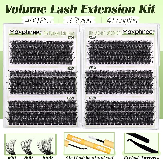 Cluster Eyelash Extensions Kit D-Curly Lash Clusters Kit 480Pcs Volume Lash Extensions DIY Eyelash Extensions for Beginners Mink Eyelash Clusters Lash Bond and Seal Kit (60D 80D 100D Mixed,10-16MM)