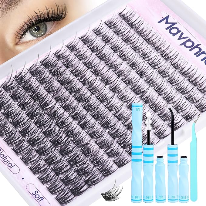 Wispy Eyelash Clusters Kit Wet Look Lash Clusters Kit Natural Cluster Eyelash Extensions 132Pcs C-Curly Cluster Lashes 10-16MM DIY Lash Extensions Lash Bond and Seal Kit