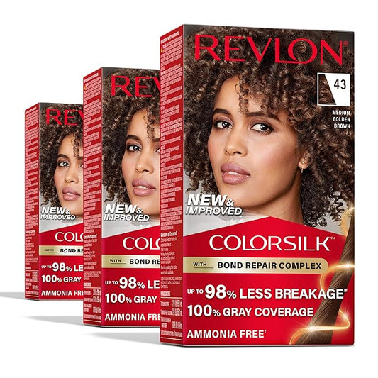 Revlon ColorSilk with Bond Repair Complex, Brown Permanent Hair Color, 100% Gray Coverage, Ammonia Free Hair Dye, Vegan Keratin, 43 Medium Golden Brown (Pack of 3)