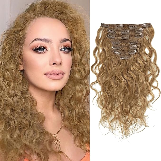 Caliee Natural Wave Curly Clip in Human Hair Extensions 14 Inch #27 Strawberry Blonde Color for Black Women Real Remy Human Hair Clip Ins Extensions 7pcs 17Clips 120g