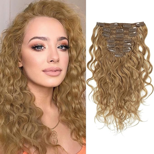 Caliee Natural Wave Curly Clip in Human Hair Extensions 14 Inch #27 Strawberry Blonde Color for Black Women Real Remy Human Hair Clip Ins Extensions 7pcs 17Clips 120g
