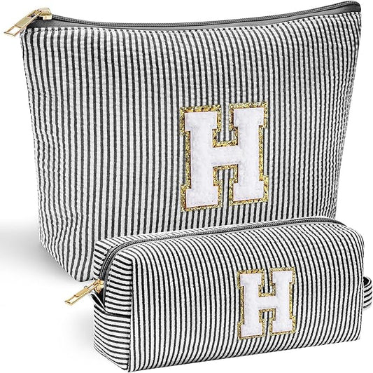 YOOLIFE Initial Monogram Cute Makeup Bags - Cosmetic Toiletry Pouch for Women's Friendship, Personalized Birthday Gifts - Black