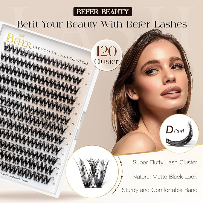 BEFER Lash Clusters, 120 Pcs D Curl Eyelash Clusters Volume Individual Lashes Extensions 10-16MM Fluffy Cluster Eyelash Wispy Cluster Lashes DIY At Home(Seraphic,FD43)