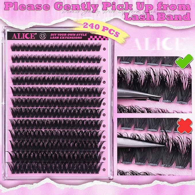 ALICE Fluffier Wispy Lash Clusters Eyelash Clusters Spiky Anime Cluster Eyelash Extensions 240pcs 100D 12-22mm CC- Curly Individual Lashes Fairy Volume Salon Lash Extensions DIY at Home