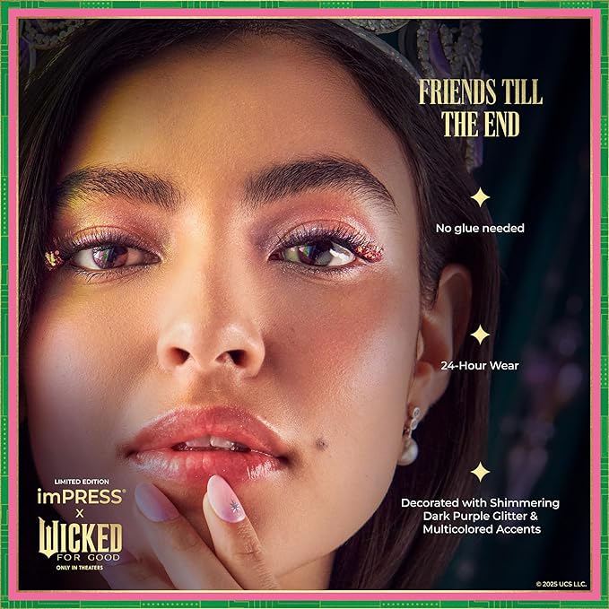 imPRESS X WICKED: FOR GOOD Press On Self Adhesive Eyelashes, ‘Friends Till The End’, 8mm-10mm Natural Volume Press On Lashes, Purple Glitter, 12 Lash Clusters & Non-Stick Mini Applicator