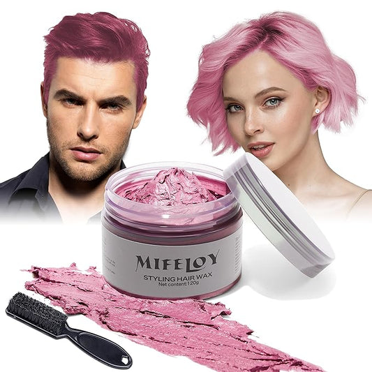 Temporary Pink Hair Color Wax with Dye Brush, Instant Natural Hairstyle Cream 4.23 oz, Disposable Coloring Mud for Men Women Youth, Washable Styling Pomades, Party Cosplay DIY Halloween