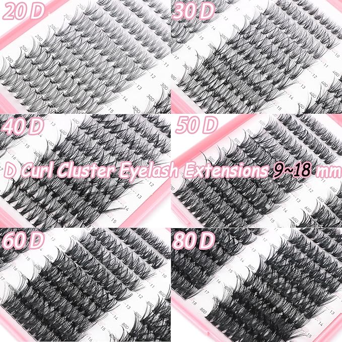 Lash Clusters Kit, 600 Pcs Eyelashes Clusters Extensions Kit 9-18mm Individual Lashes D Curl Fluffy Wispy False Eyelashes, with Bond Seal Remover Tweezers Brush DIY (20D+30D+40D+50D+60D+80D Kit)
