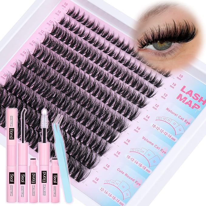 TOOCHUNAG Lash Extension Kit Spiky Fluff Lash Clusters 10-18mm DIY Cluster Eyelash Extensions Kit 200pcs Wispy Soft Individual Lashes Clusters,Lash Bond and Seal &Tweezers