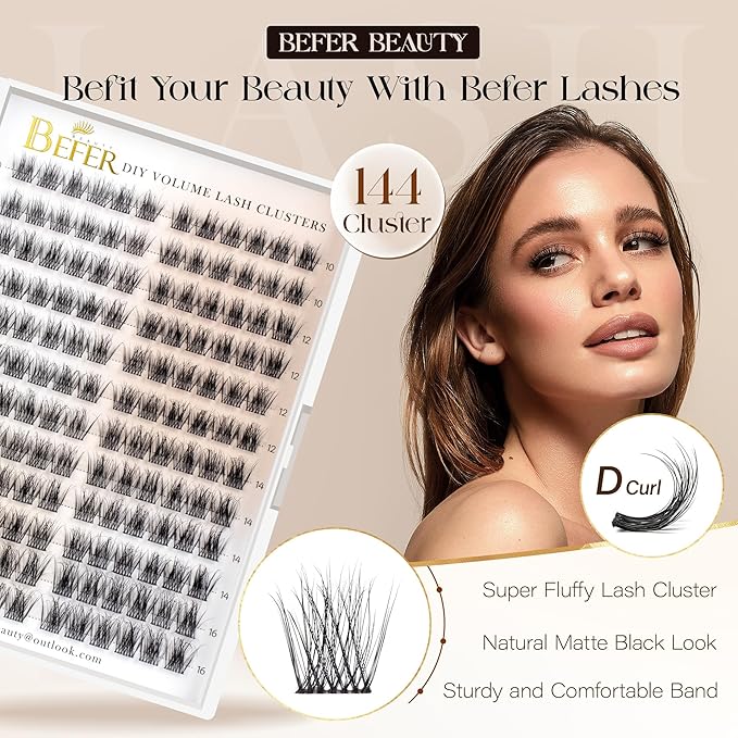 BEFER Lash Clusters, 144 Pcs 3D Curl Eyelash Clusters Volume Individual Lashes Extensions 10-16MM Wispy Eyelash DIY At Home(kind, ZE01)
