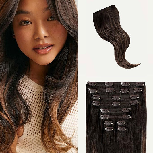 Luxy 100% Remy Human Hair, Classic 160g Clip-In Hair Extensions - 10 Wefts Multi-Dimensional Color for Natural Blending, Adds Volume & Length, Easy Apply & Remove 16"Mocha Brown Balayage Classic