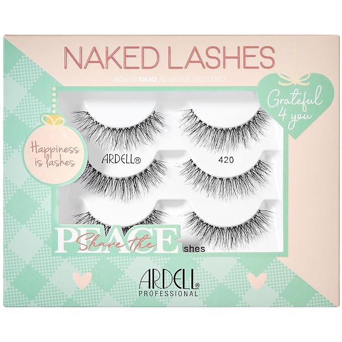 Ardell Naked Lashes 420 – Natural Look False Eyelashes with Bonus DUO Adhesive, Soft & Fluffy Wispy Lashes Strips, Holiday Gift Set, 3 Pairs