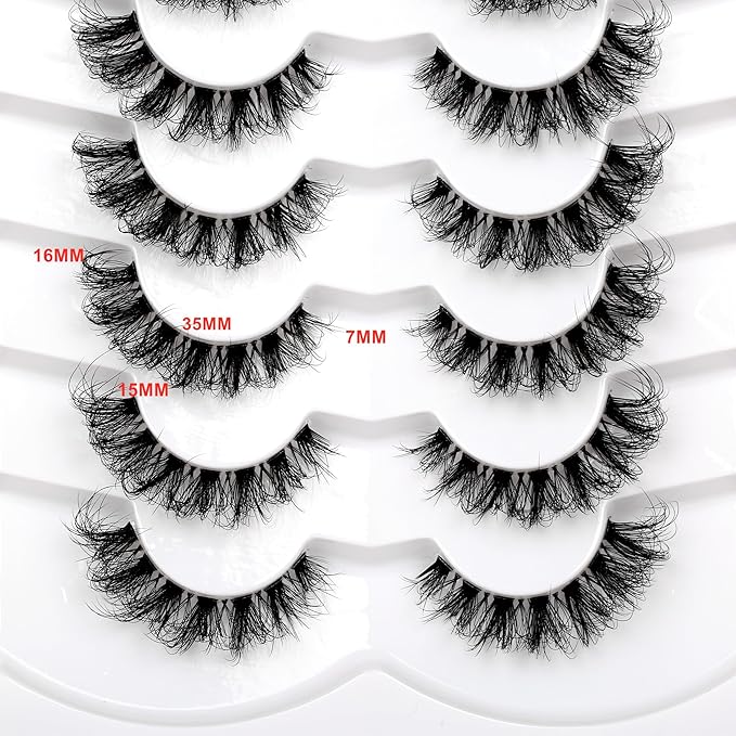 Pooplunch False Eyelash Cat Eye Wispy Lashes D-Curl Extension Volume Natural Wispies Short Clear-Band Fake Eyelashes Faux Mink Lashes Strips 7 Pairs Pack
