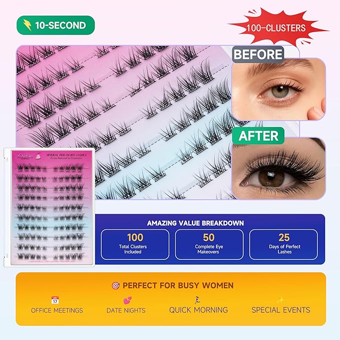Lash Clusters Pre Glued Individual Eyelashes Cateyes Self Adhesive False Lashes No Glue Needed 8-14mm Professional Volume Extension Kit with Tweezers