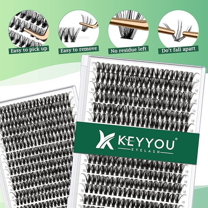Lash Clusters 300pcs Individual Lashes 50D 0.07D Curl 18mm DIY Eyelash Extension KEYYOU Large Tray Volume Soft&Natural Cluster Lashes(50D-0.07D,18）