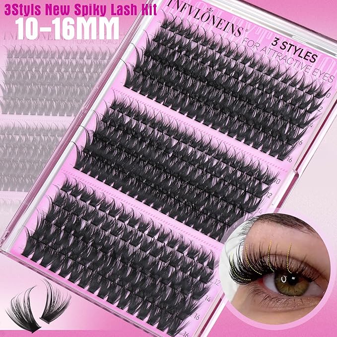TNFVLONEINS Lash Clusters Kit Wispy Lash Extension Kit Spiky Eyelash Extension Kit Eyelash Clusters DIY Individual Lashes Kit Soft Cluster Eyelash Extensions (10-16MM,3 Styles)