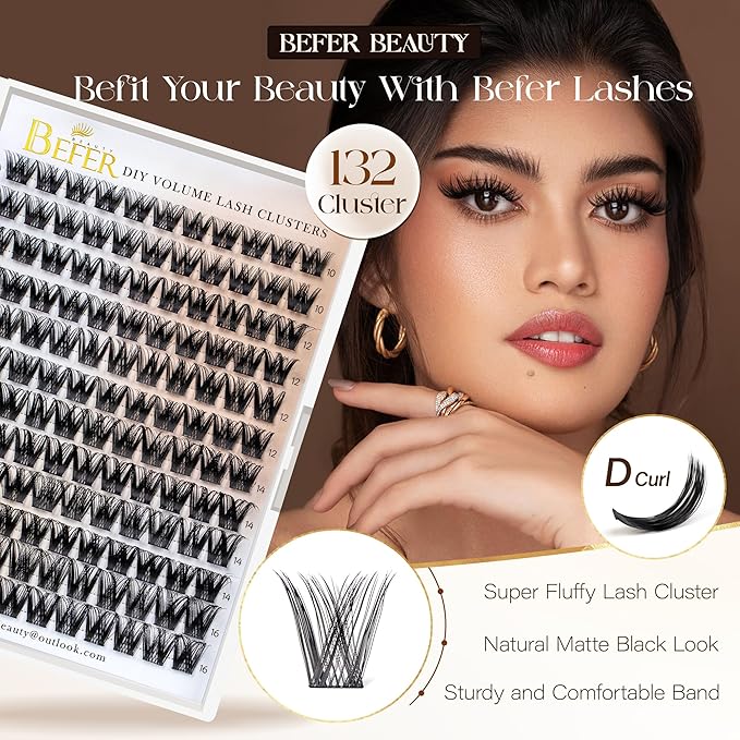 BEFER Lash Clusters, 132 Pcs D Curl Eyelash Clusters Volume Individual Lashes Extensions 10-16MM Fluffy Cluster Eyelash Wispy Cluster Lashes DIY At Home(FD806)