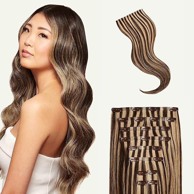 Luxy 100% Remy Human Hair - Seamless Clip-In Hair Extensions - Multi-Dimensional Color for Natural Blending, Adds Volume & Length 160 grams 16" Mocha Brown Highlights