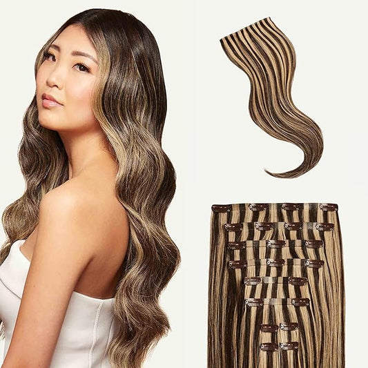 Luxy 100% Remy Human Hair - Seamless Clip-In Hair Extensions - Multi-Dimensional Color for Natural Blending, Adds Volume & Length 50 grams 12" Mocha Brown Highlights