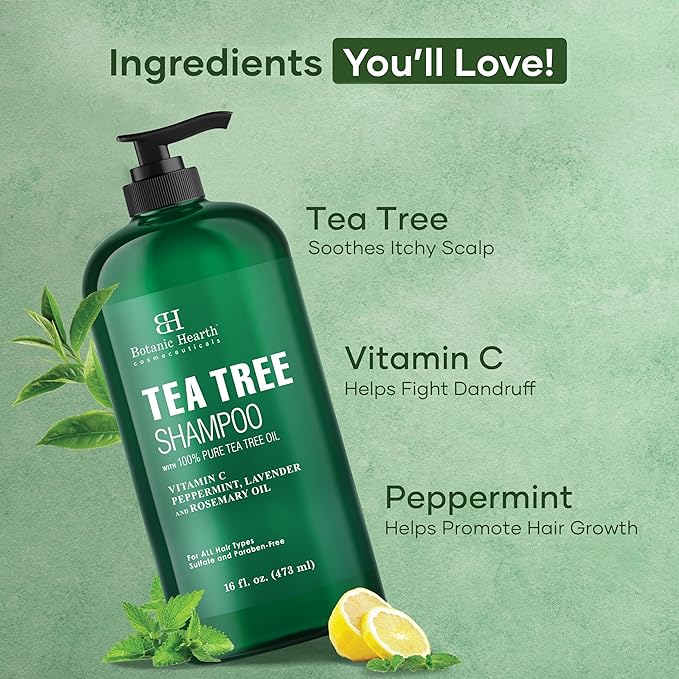 Botanic Hearth Tea Tree Shampoo, Vitamin C, Peppermint, Lavender And Rosemary Oil, Fights Dandruff And Dry Scalp, 16 Fl Oz