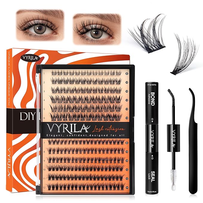 Lash Clusters Kit-VYRILA 0.07mm Wispy 8-14mix C Curl Eyelash Clusters with Lash Bond and Seal Waterproof, Eyelash Tweezers (30P+S05 KIT 192pcs-8-14mix)