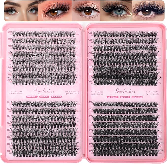 Lash Clusters Kit, 640 Pcs Eyelashes Clusters Extensions Kit 9-16mm Individual Lashes D Curl Fluffy Wispy False Eyelashes Thin Band(30D&40D&50D&60D)